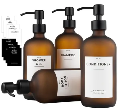 Image de Lot de 4 distributeurs de savon en verre brun mat | Flacons de shampoing rechargeables de 500 ml | Distributeur de liquide vaisselle pour la cuisine | Distributeur à pompe en acier inoxydable | Flacon à pompe + autocollant