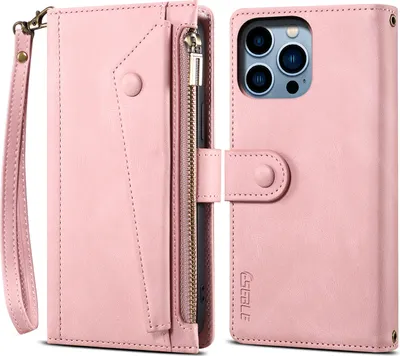Produktbild von Schutzhülle für iPhone 15 Pro Reißverschluss Hülle, Leder Klapphülle Kartenfach Standfunktion Brieftasche mit Trageband Rosa