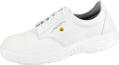 A white Abeba ESD-Berufsschuhe x-light O2 Halbschuh HACCP CE ESD SRC shoe is shown against a white background.