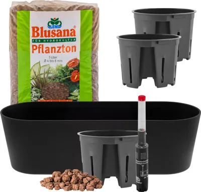 Produktbild von Leni Flori Jardiniere Blumentopf länglich 36 cm schwarz Hydrokultur-Komplett-Set mit Übertopf Hydro-Töpfen Wasserstandsanzeiger & Pflanzton