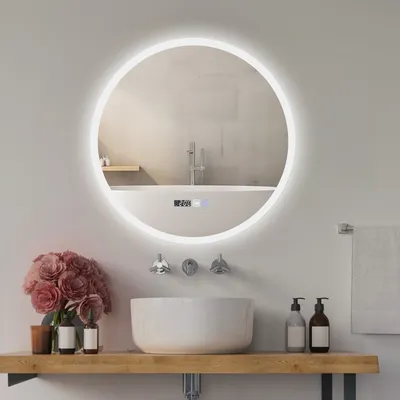 Produktbild von Puluomis Badspiegel beschlagfrei 60cm mit Uhr Temperatur, 3 Farbe dimmbare Helligkeit LED Beleuchtung,Badezimmerspiegel 6500k wasserdicht