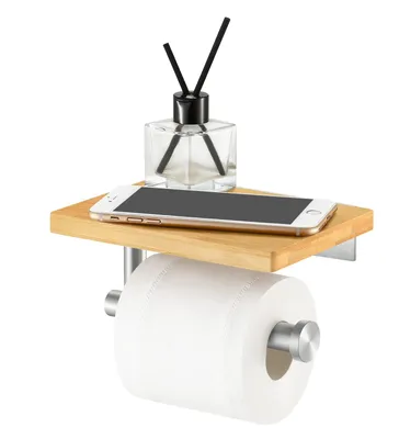 Image de Porte-rouleau de papier toilette mural avec étagère en bambou