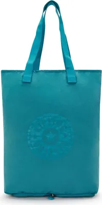 A studio shot of a teal tote bag.