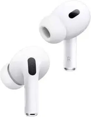Two white wireless earbuds are shown against a white background.