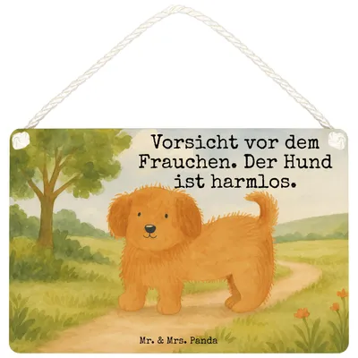 Produktbild von Mr. & Mrs. Panda Schild Hund Flauschig Design DIN A5 - Weiß - Geschenk, holzbild, Hunde, Witzig, Sprüche, Holzschild, Wandbild Holz, Hundeliebe, Türschild, wandtafel