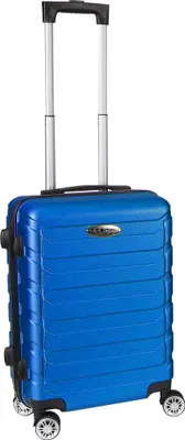 A blue suitcase with a retractable handle and wheels, shown against a white background.