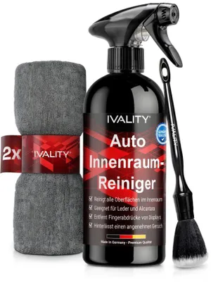 Produktbild von IVALITY Auto Innenraumreiniger Set 500 ml mit Mikrofasertüchern & Pinsel - Innenraumreiniger + Mikrofasertuch