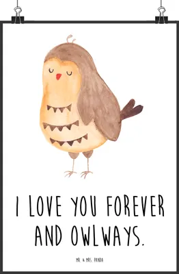 Produktbild von Mr. & Mrs. Panda Bild Eule Zufrieden DIN A4 - Weiß - Geschenk, Liebesspruch, Plakat, Hochzeitstag, Owl, Wandbild, Kunstdruck, Müde, wanddeko, drucke