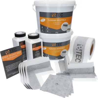 Produktbild von BTEC Dicht-Set "Spezial BAD" zur Abdichtung 12 kg flüssige Dichtfolie 2 kg Haftgrund 20 m Dichtband 4 Innenecken 2 Außenecken 4 Dichtmanschetten