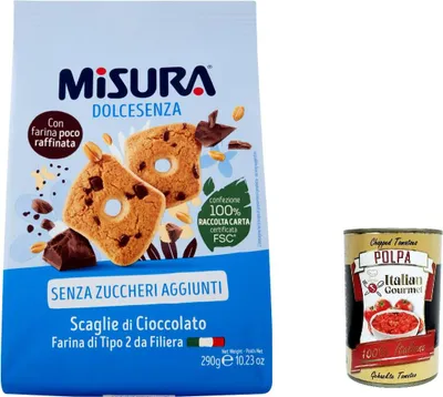 Produktbild von 12x Misura Dolcesenza Kekse mit Schokoladenstückchen, Ohne Zuckerzusatz , biscuits cookies 290g + Italian Gourmet polpa 400g