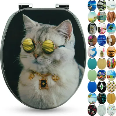 Produktbild von Sanfino® Premium WC Sitz "Boss Cat" hochwertiger Toilettendeckel mit Absenkautomatik aus Holz, viele bunte Motive, einfache Montage