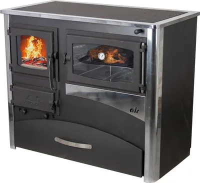 A black and silver wood-burning stove with a glass door showing a roasted chicken inside and another glass door showing burning wood.