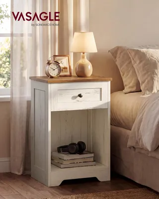 Produktbild von VASAGLE Nachttisch im Landhausstil mit Steckdose und USB, Beistelltisch mit Schublade, 40 x 30 x 59 cm, Weiß und Braun