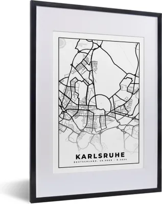 Produktbild von MuchoWow® Gerahmtes Poster Karlsruhe - Karte - Stadtplan 30x40 cm - Poster mit Schwarzem Bilderrahmen Wandposter Rahmen Foto Bilder - Wandposter Schlafzimmer