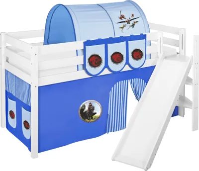 Produktbild von Spielbett JELLE 90 x 200 cm Dragons Blau - Hochbett LILOKIDS - Weiß - mit schräger Rutsche und Vorhang