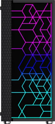 A side view of a black computer case with a geometric pattern illuminated by ARGB lighting.