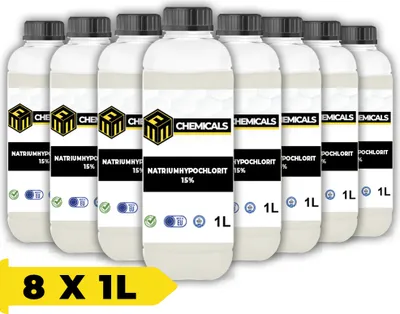 Produktbild von MRM CHEMICALS Flüssigchlor für Pool 1L Natriumhypochlorit für Whirlpool Schwimmbad Spa Brunnen, Poolreiniger, Desinfektionsmittel, Wasserdesinfektion x8