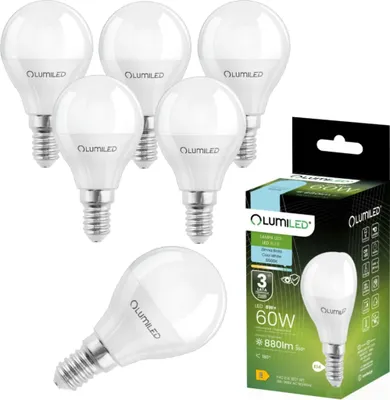 Produktbild von LUMILED LED Lampen E14 P45 8W ersetzt 60W 6 Stück 880lm 6500K Kaltweiß 230V 180° Birne LED Leuchtmittel Tropfenform Energiesparlampe kleine Kugel Kugelform