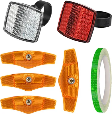 Obrázek produktu pro Sada reflexních prvků pro kolo - sada 7 kusů: 1 přední odrazka, 1 boční odrazka, 4 odrazky na dráty a 8 metrů samolepicí reflexní pásky