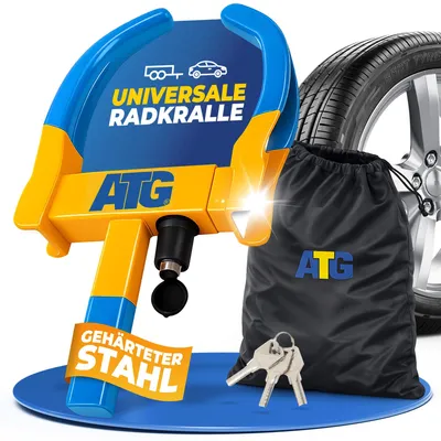 Produktbild von ATG Parkkralle Radkralle für Auto & Anhänger – Universelle Reifenkralle als Wegfahrsperre Auto – Diebstahlsicherung Anhänger für PKW, Wohnwagen, Wohnmobil & Motorrad – Reifenbreite 18–28 cm