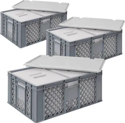 Produktbild von 3x 2 Thermoboxen in Stapelkorb mit Deckel, LxBxH 600x400x240 mm, EPS, grau