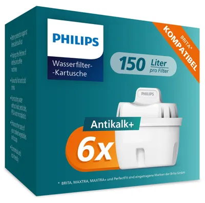 Produktbild von Philips Water Wasserfilter-Kartusche Antikalk+, 6er-Pack, BIS ZU 50 % WASSERHÄRT