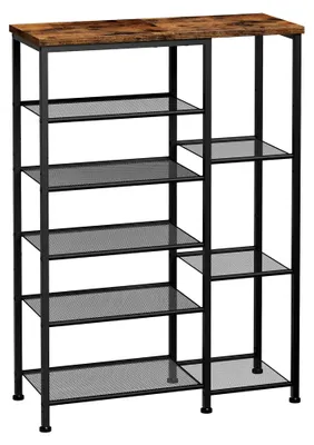 Produktbild von Schuhregal, 6-stöckige Schuhablage, Schuh-Organizer, Metall Schuhständer, große Kapazität für Flur und Eingang, platzsparend, Vintagebraun und Schwarz