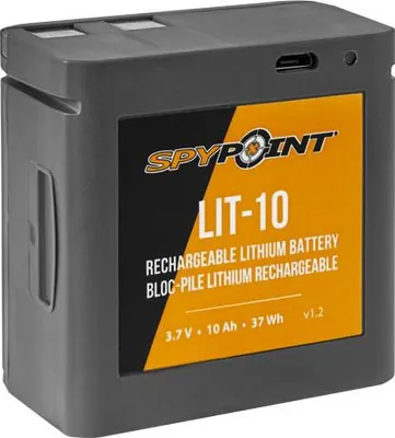 A studio shot of a Spypoint LIT-10 rechargeable lithium battery pack.