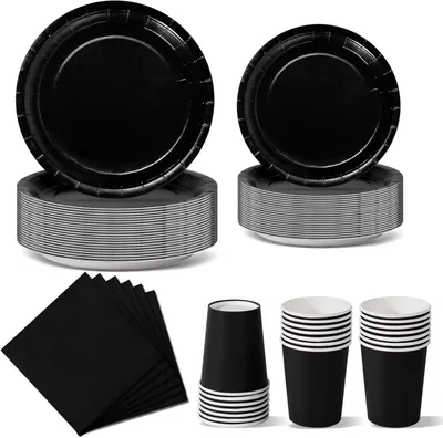 Produktbild von Nkaiso Schwarz Partygeschirr Set, 96-teilig - Pappteller, Becher, Servietten - Geburtstagsdeko Bunt