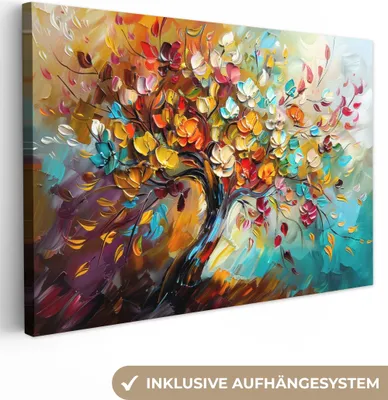 Produktbild von MuchoWow® - Leinwandbilder - Baum - Abstrakt - Bunt - Blumen, Wandbild, Wanddeko Bilder Wohnzimmer, 90x60 cm