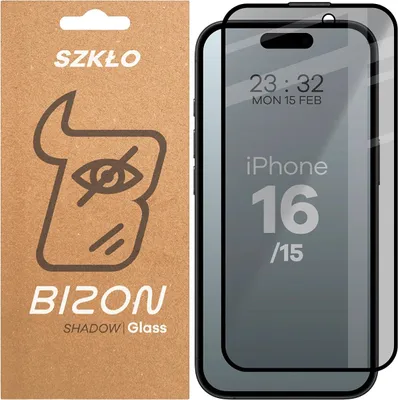 Produktbild von Gehärtetes Glas mit Privatschutzfilter für iPhone 16/15, Bizon Glass Edge Shadow, getönt mit schwarzer Rahmen