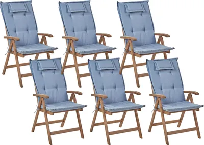 Produktbild von BELIANI Gartenstuhl 6er Set Dunkelbraun und Blau Akazienholz Vertsellbar Klappbar mit Auflagen Armlehnen Lamellen-Optik Rustikal Außenbereich Terrasse