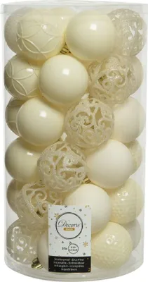 Produktbild von Weihnachtsbaumkugeln Set 37 Stück Ø 6 cm wollweiß ivory bruchsicher Kunststoff glanz matt glitter Mix ohne Aufhänger ideal für Weihnachtsbaum