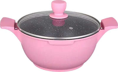 A pink pot with a glass lid and a pink knob on a white background.