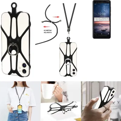 Produktbild von K-S-Trade 3in1 Handykette Handyband Handykordel Halsband Smartphone-Ring Handy-Ring kompatibel mit Nokia 3.1 A Fingerhalterung Handyring Tischständer