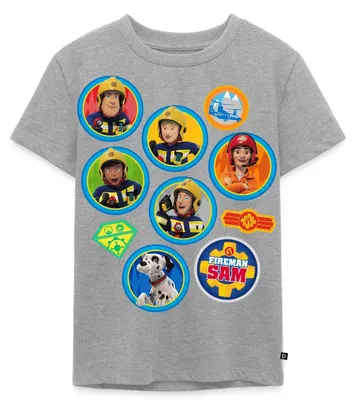 Produktbild von Spreadshirt Feuerwehrmann Sam™ Patch-Design Vom Ganzen Team Kinder Premium T-Shirt, 134/140 (8 Jahre), Grau meliert