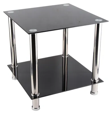 Produktbild von Beistelltisch mit Kaffee-Beistelllampe und schwarzen Beinen aus Glas und Chrom