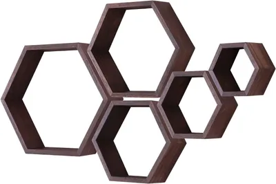 Imagen del producto de Conjunto de estanterías modulares, 5 piezas hexagonales de madera en color nogal oscuro, ideales para dormitorios y salones