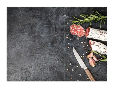 Produktbild von Wallario Herdabdeckplatte aus Glas, Größe 70 x 52 cm 2-teilig, Motiv Salami, Rosmarin und Knoblauch