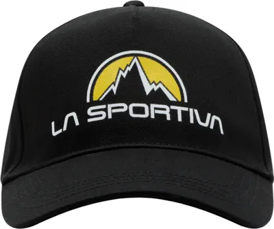 Schwarze Kappe mit dem Logo von La Sportiva; das Berge und den Schriftzug "LA SPORTIVA" zeigt.