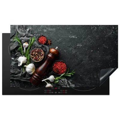 Obrázek produktu pro KitchenYeah® Krycí deska na sporák bylinky - paprika - česnek - beton, 90x52cm, dekorace do kuchyně, keramický kryt varné desky, krycí deska na varnou desku