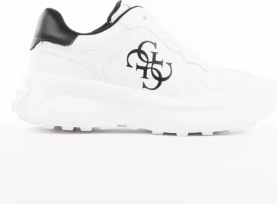 A white Guess sneaker with a black heel accent and a black Guess logo on the side.