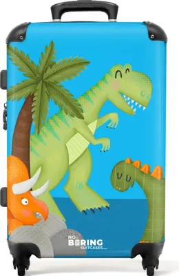 Obrázek produktu pro NoBoringSuitcases.com® Velký kufr - Zelení a oranžoví dinosauři s modrým pozadím - Kombinovaný zámek TSA - Pevná skořepina na kolečkách - 4 kolečka - 72 litrů - Cestovní kufr - 66 cmKufr Medium 67x43x25 cm, 72L,