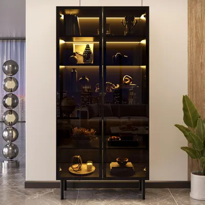 Produktbild von Merax Vitrine mit LED Beleuchtung, Glasschrank mit Glastüren, App steuerbare Beleuchtung, 2 Schubladen, Innenregale, Aufbewahrungsschrank, Schwarz
