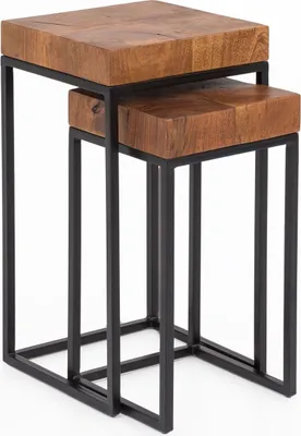Produktbild von Design Satztisch WL5.660 Sheesham Metall Beistelltisch 2er Set Klein, Couchtisch Set 2 Holz Tische, Massivholz Wohnzimmertisch Metallgestell, Schmaler Sofatisch Ablagetisch