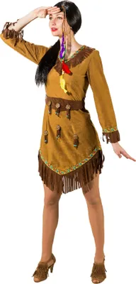 A woman wearing a Native American-inspired costume, posing against a white background.