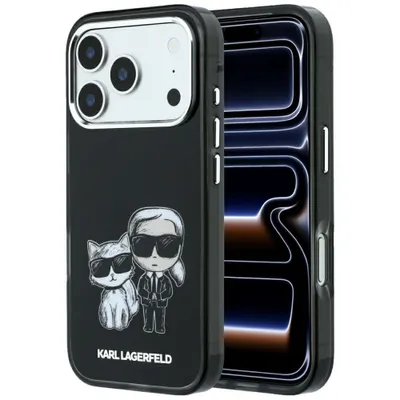 Immagine prodotto di Custodia per iPhone 18 Pro di Karl Lagerfeld, in ecopelle nera, con logo metallico a forma di gatto Choupette, compatibile con MagSafe