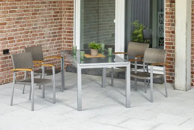Produktbild von Merxx Gartenmöbelset "Silano" 5tlg. mit Ausziehtisch 140/200 x 90 cm - Aluminiumgestell Silber mit Kunststoffgeflecht Graubeige und Akazienholz