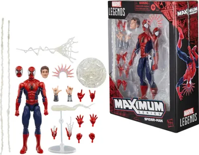 A Spider-Man action figure in its packaging, along with its accessories displayed separately.