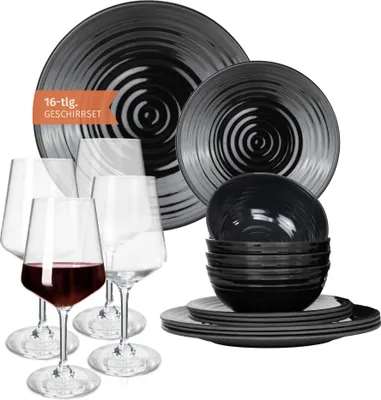 Obrázok produktu pre Melamínová súprava kempingového riadu pre 4 osoby Stone Dark Black + 4 poháre na červené víno Milano Poháre na červené víno Riad Piknik BBQ Kuchynský riad